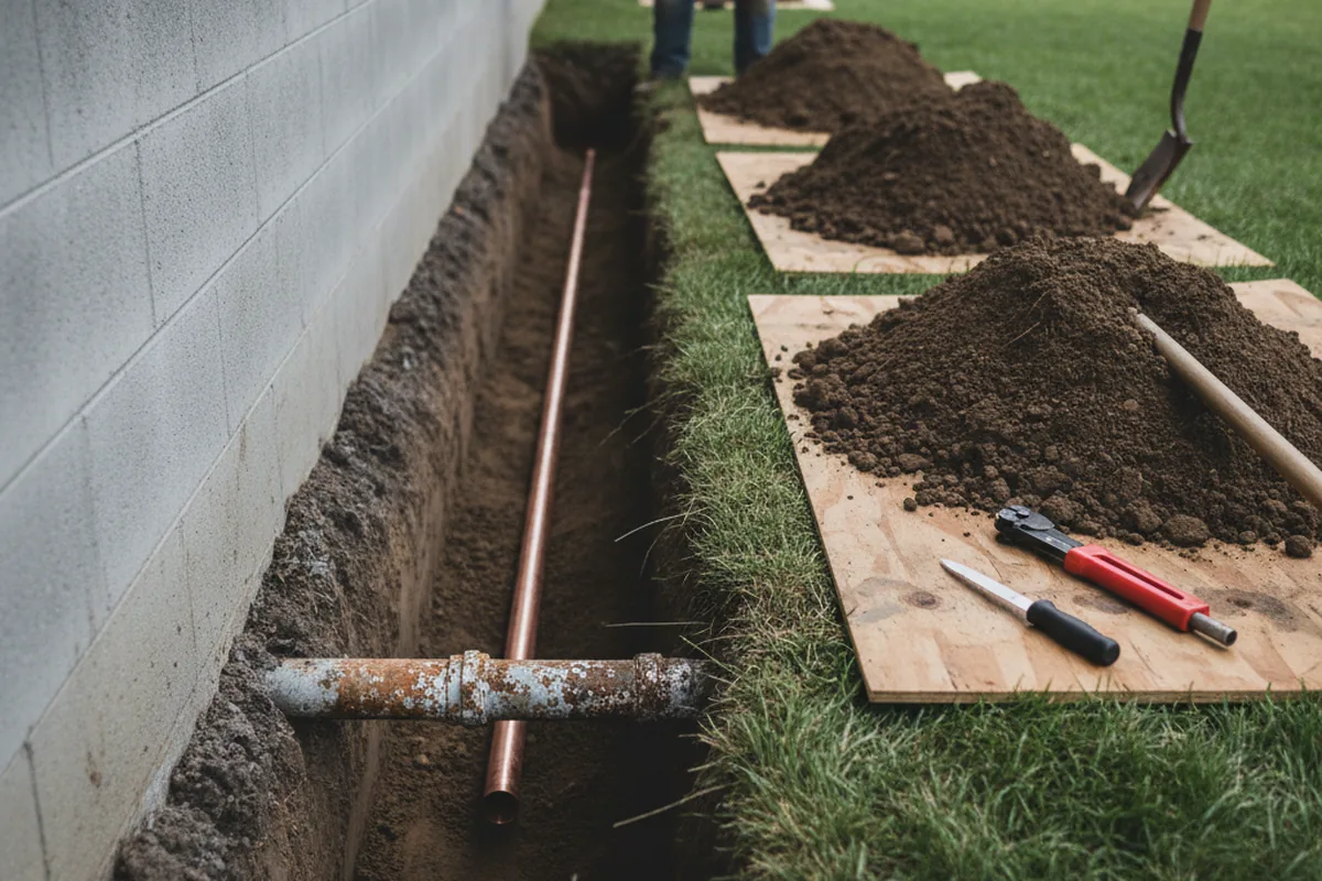 Excavated water line trench during Sewer Line Repair in Avera